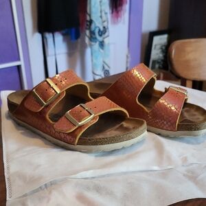 Birkenstock Orange Snake Skin Texture with Gold Accents
